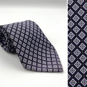Rene Chagal Men's 100% Silk Tie 3.75" Geometric Necktie Navy Blue Hand Made EUC!